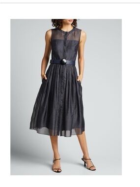 Akris Punto dark navy pin dot organza dress with pockets.